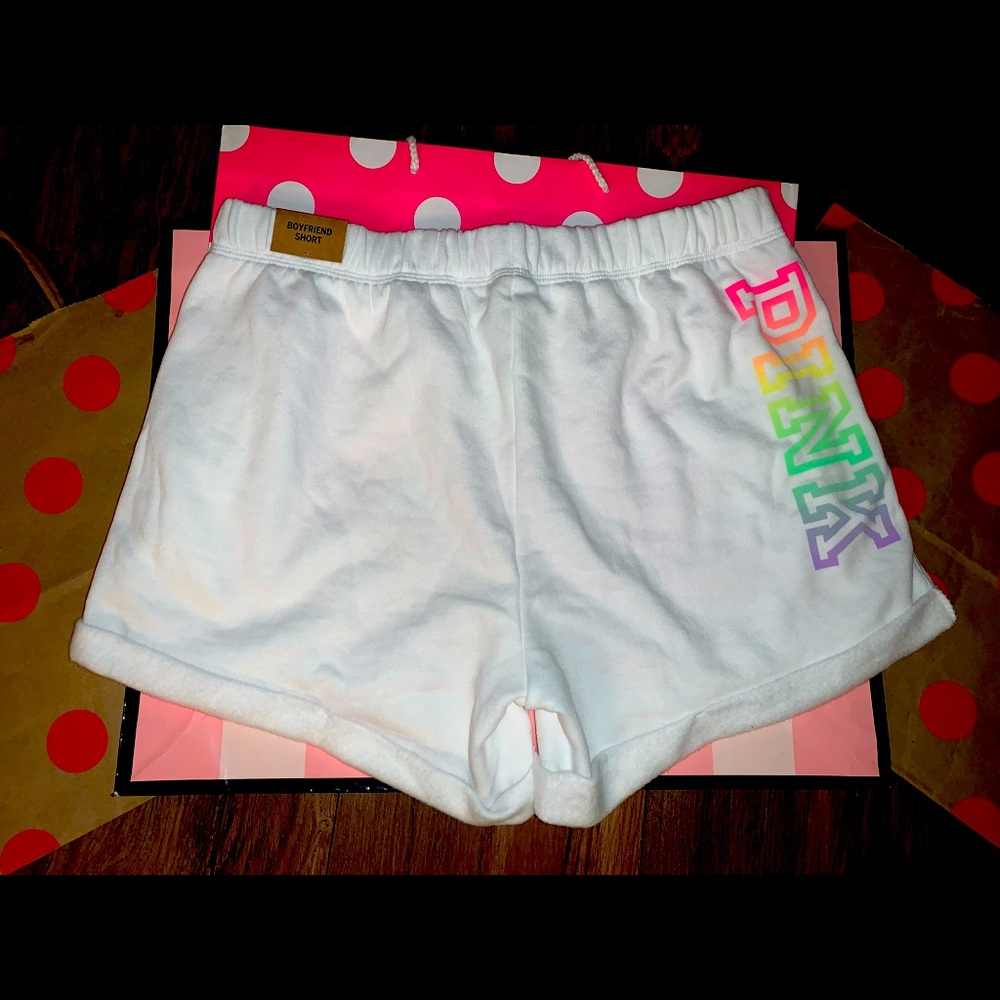 NEW VS PINK White w/Rainbow Logo Boyfriend Shorts